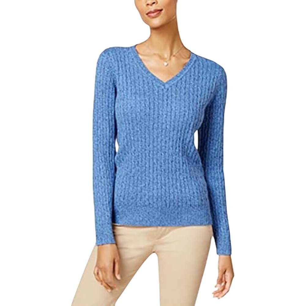 Karen Scott Women V Neck Cable‎ Knit Blue Speckle Textured Sweater Size S NWT